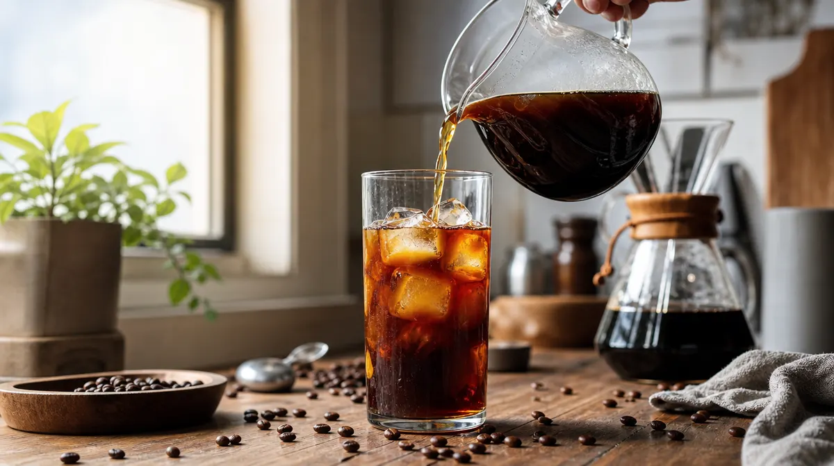 Cold brew coffee poured over ice