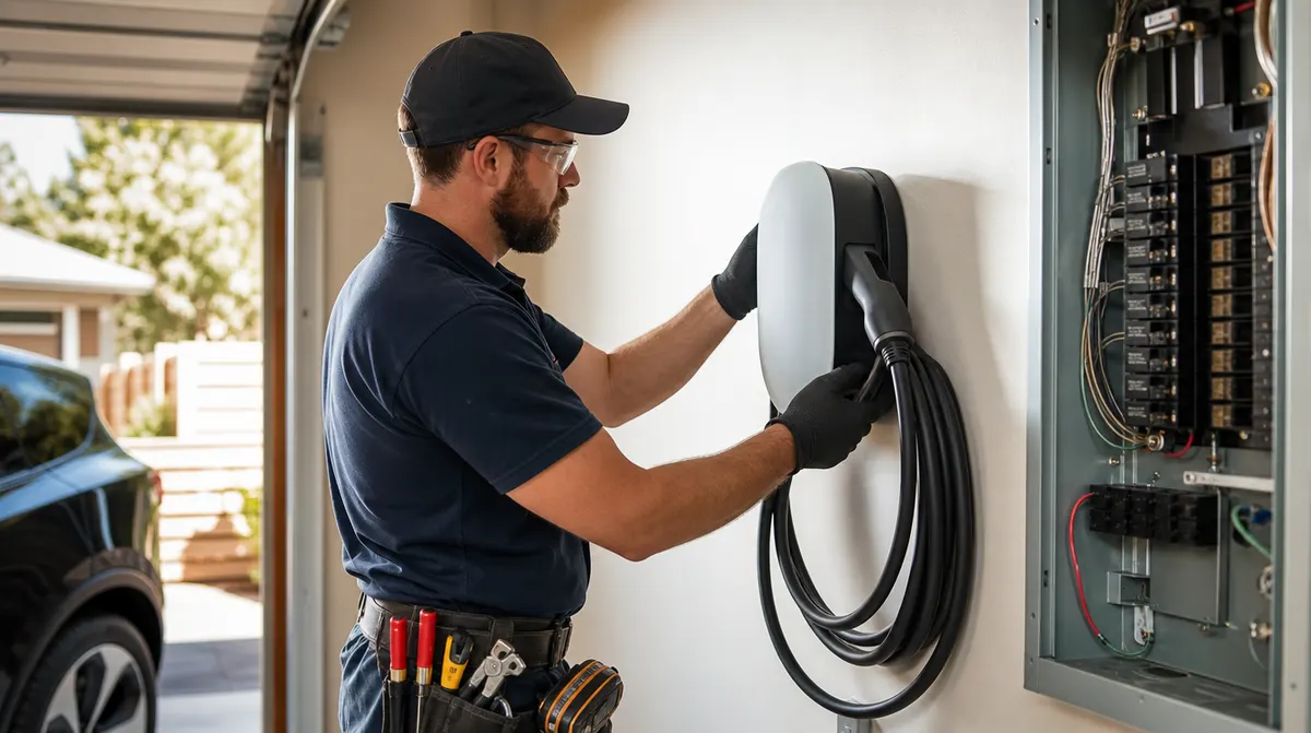 Electrician installing a wall-mounted home EV charger