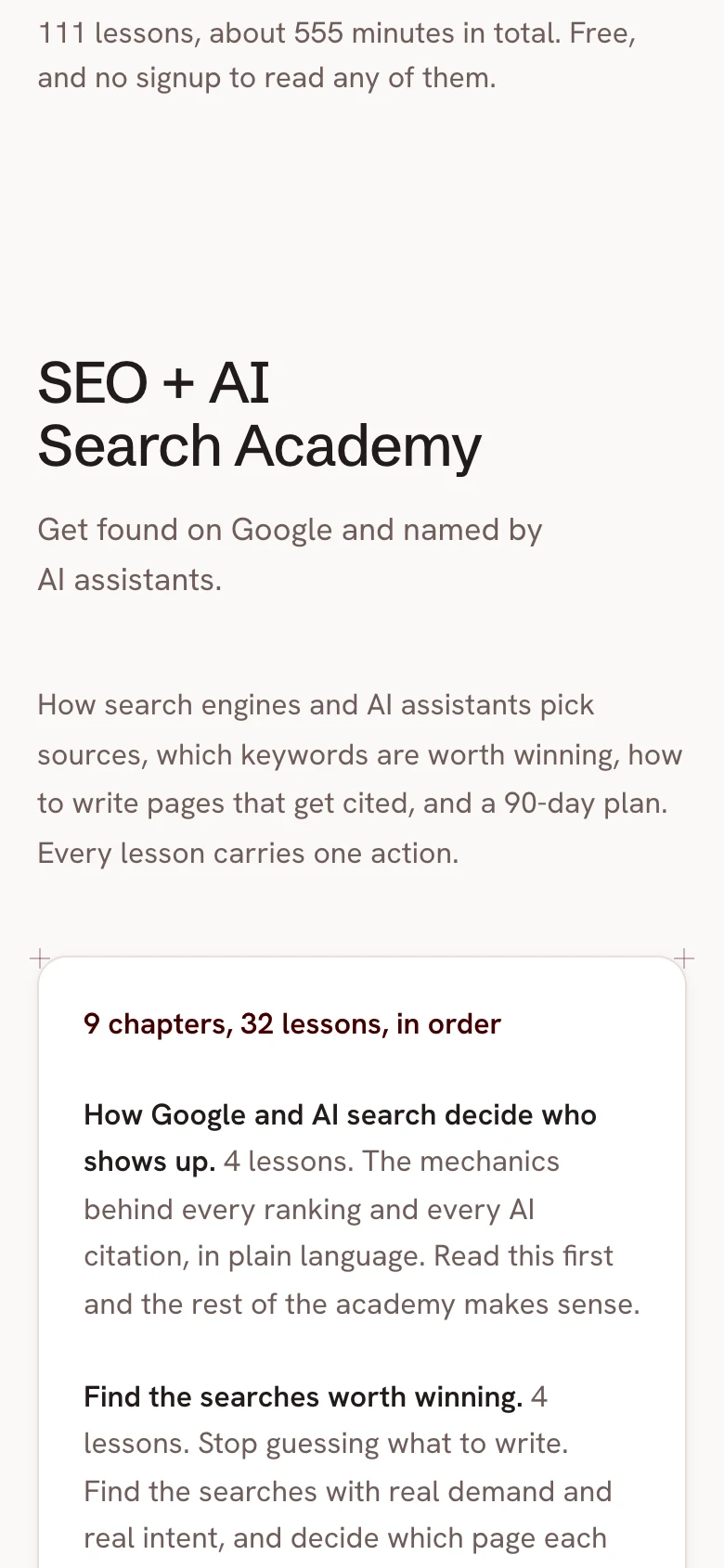 The academy index: 111 lessons, about 555 minutes in total, free with no signup to read any of them, above the SEO and AI Search Academy heading and its promise to get found on Google and named by AI assistants.
