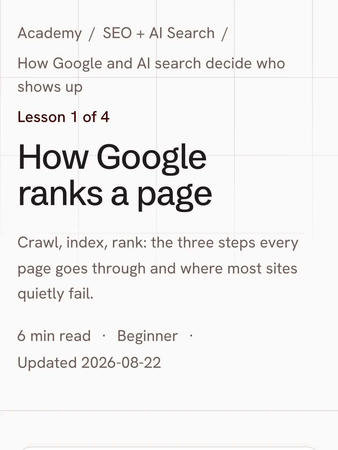 The opening of the lesson How Google ranks a page: the chapter it sits in, Lesson 1 of 4, the title, a one-line summary of what it covers, and a row giving its reading time, its level and the date it was last reviewed.