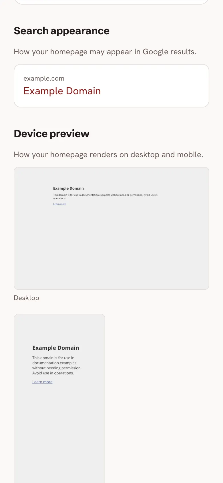 The search appearance panel rendering the example.com homepage as it may show in results, above a Device preview panel headed how your homepage renders on desktop and mobile.