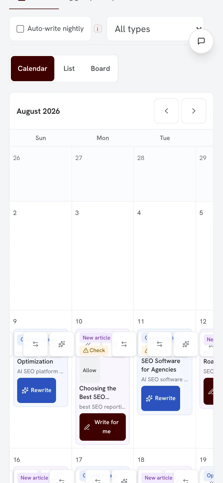 The content calendar as a month grid, with the Auto-write switch sitting off above it and the calendar, list and board views beside it.