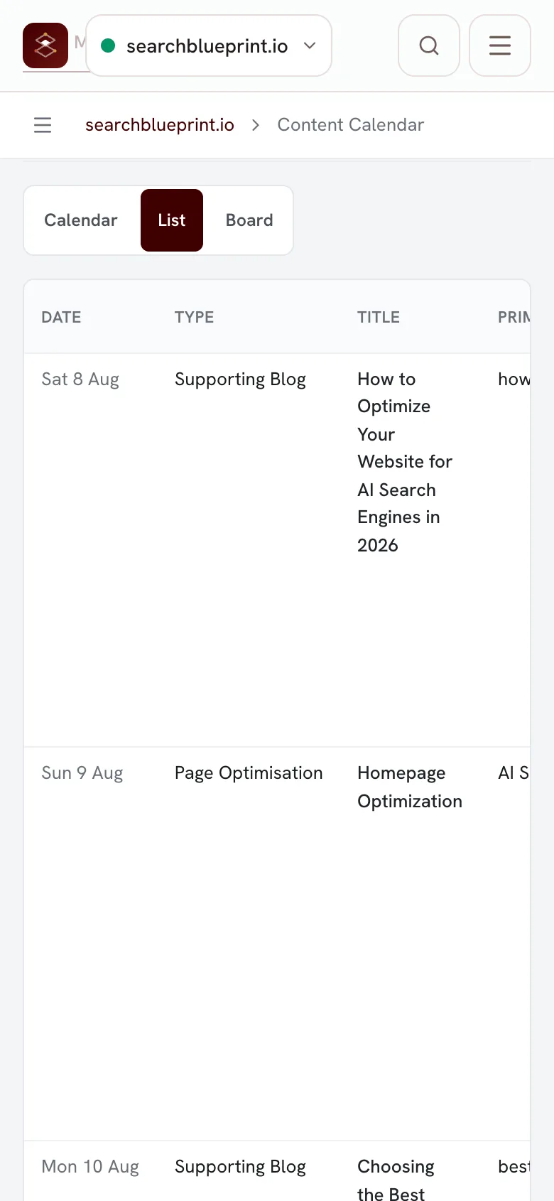 The same queue for searchblueprint.io as a list: one row per date, carrying the type of page it produces, the title it will be written under and the keyword it targets.