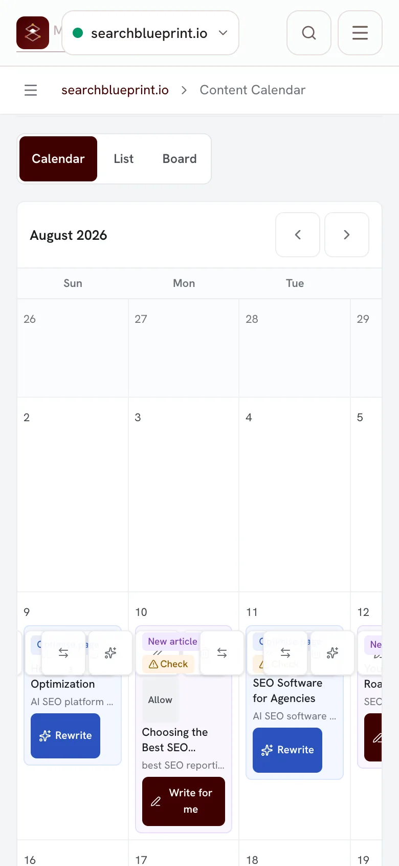The content calendar as a month grid, with a dated cell under each weekday column.