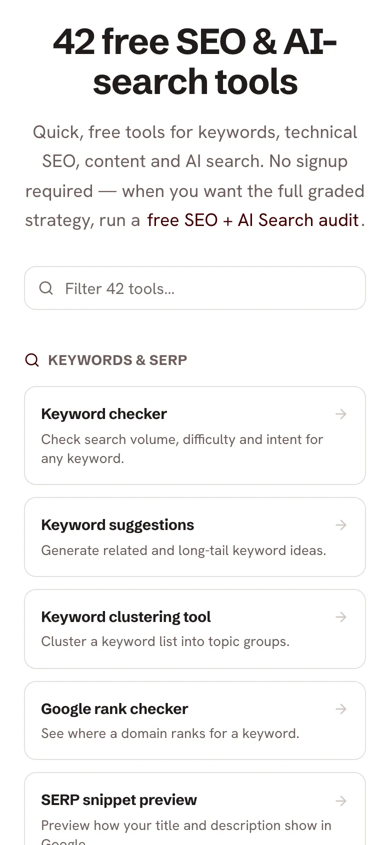 The free tools index headed 42 free SEO and AI-search tools, a filter field under the heading, and the line saying no signup is required.
