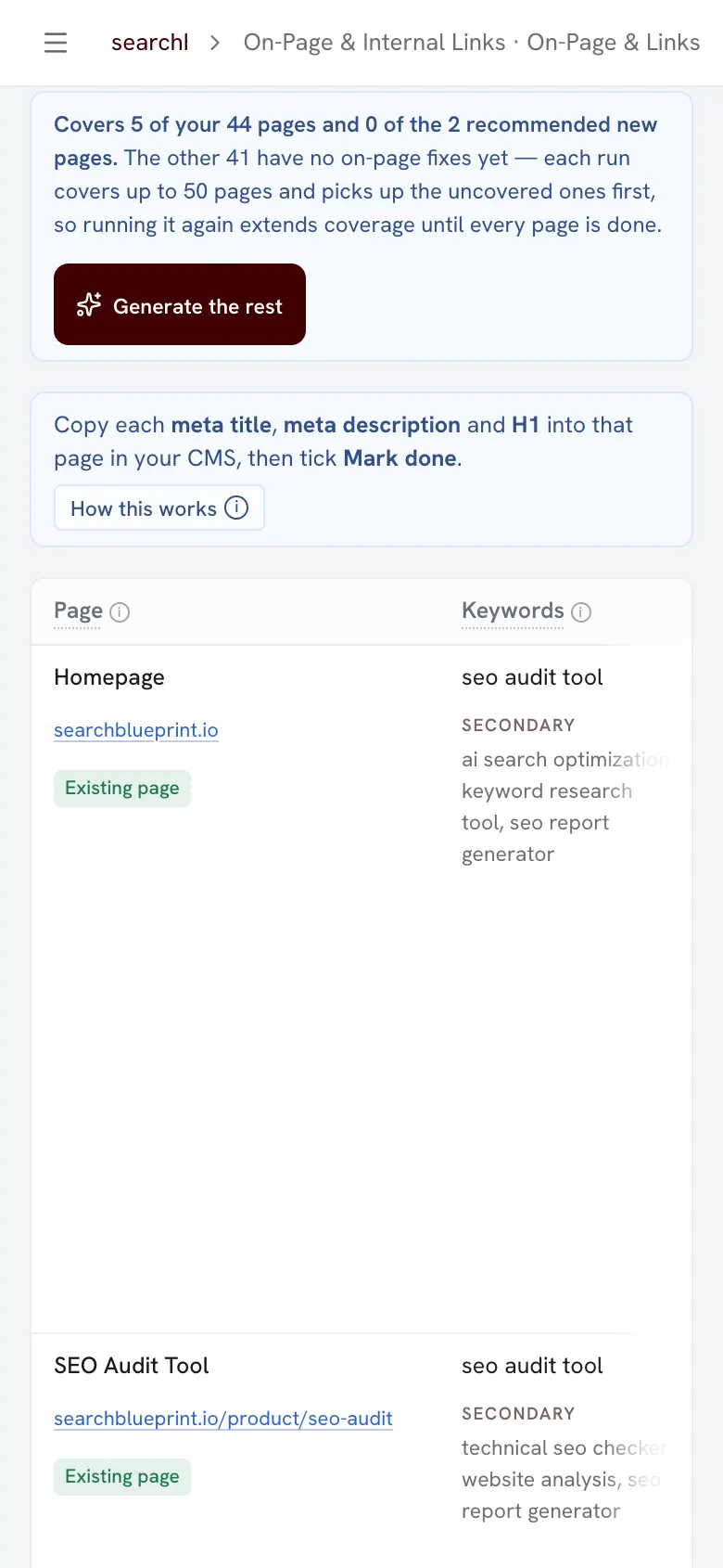 The on-page mapping table for searchblueprint.io, its keywords column naming seo audit tool as the page's primary keyword with the secondary terms listed under it.