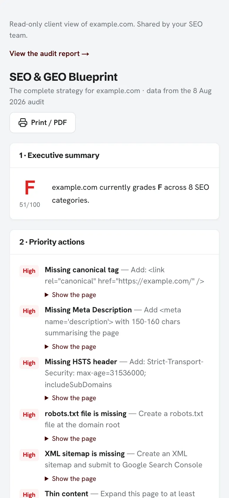 A read-only client view of the SEO and GEO Blueprint for example.com, headed by a line saying it was shared by your SEO team, with a print button and the numbered strategy sections starting below it.